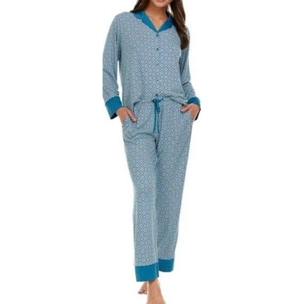 Flora Nikrooz Women's Satin Trim Notch Collar PJ Set Teal XXL NWT